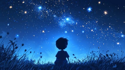 Fototapeta premium Hopeful Cartoon Character Gazing at Stars
