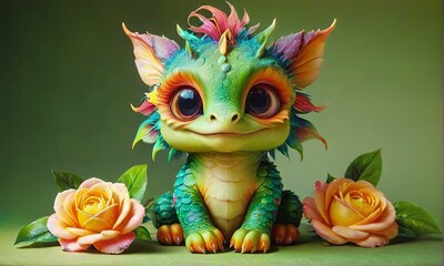 Fototapeta premium Charming Baby Dragon with Flowers