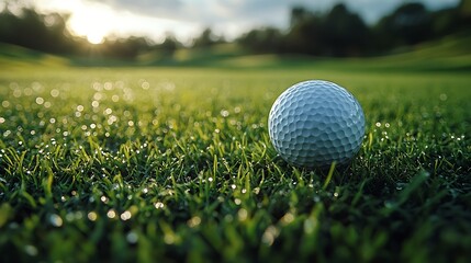 Obraz premium A single golf ball sits on a green golf course, with dew drops on the grass and a blurred background of green trees and a setting sun.