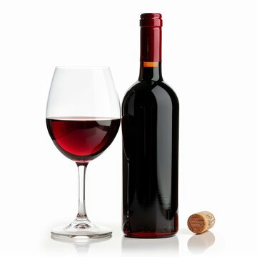 A glass of red wine next to a bottle and a cork on a white background.