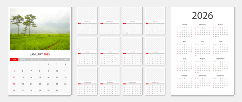 Calendar 2025, calendar 2026 week start Sunday corporate design template vector. Desk calendar 2026. Sample image with mesh.