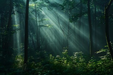 Naklejka premium Enchanted Forest with Sunlight Streaming Through Trees
