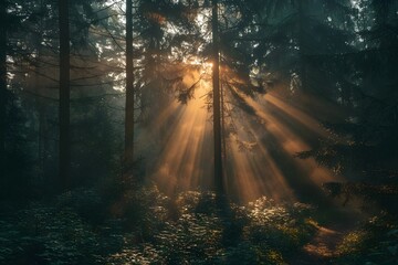Naklejka premium Enchanted Forest: Sunlight Streaming Through Trees in a Misty Woodland