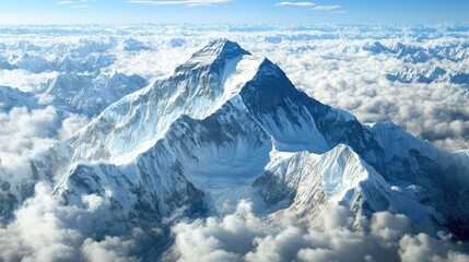 Fototapeta premium Aerial view of Mount Everest's snow-covered peak rising above the clouds, surrounded by rugged Himalayan terrain.