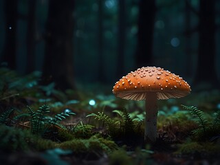 Fototapeta premium Single Red Mushroom in a Dark Forest.