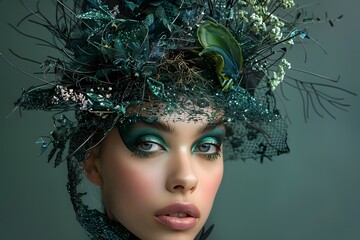 Enchanting Beauty: A Model Adorned with Nature-Inspired Headpiece and Vibrant Makeup