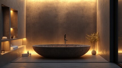 Modern Concrete Bathroom with Freestanding Tub and Warm Lighting
