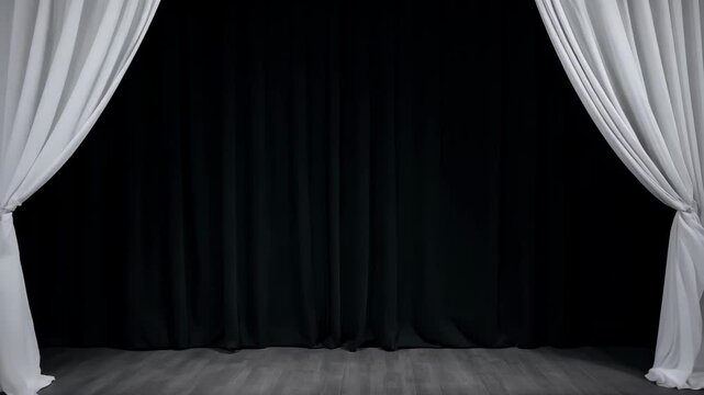 A white curtain that begins to part, creating a sense of anticipation before the scene opens.