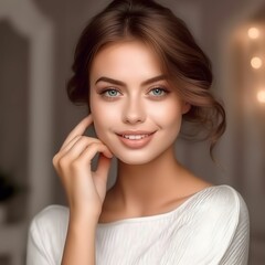 Young woman with a warm smile poses gracefully in soft lighting indoors