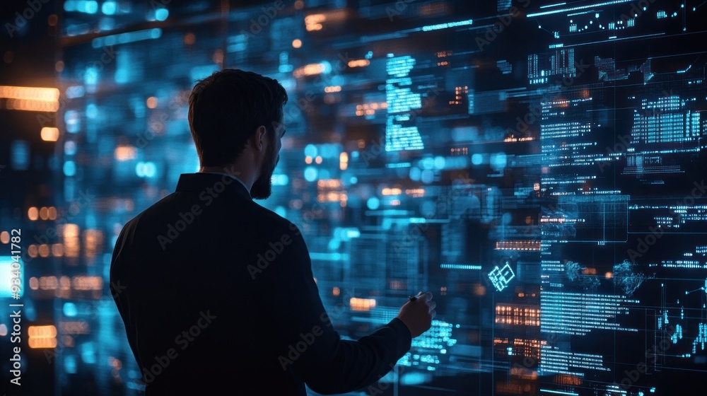 Aufkleber man in suit interacting with futuristic digital interface