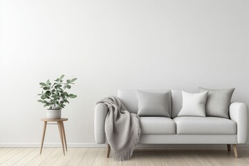 A serene minimalist living room with a light gray sofa, monochrome pillows, a cozy blanket, and a green plant on a wooden table.