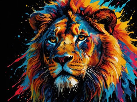 Colorful lion head portrait with dynamic splashes of paint in a vibrant artistic style