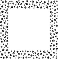 Pet paw print square frame with blank space for text and images Black silhouette track of dog or cat paw prints. Frame with paw prints of pets for decoration of shop windows, websites, etc. Vector