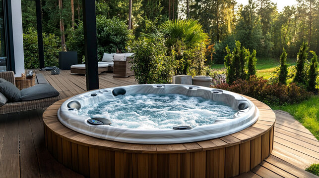 round bubbling hot tub in garden  