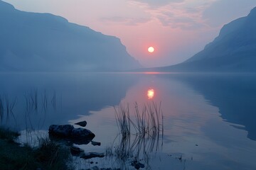 Serene Sunset Over a Tranquil Lake Surrounded by Mountains