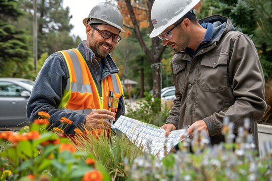 The photo idea is to capture a worker, architect, and engineer discussing and planning a real estate construction project using cartography and cadastral maps of an urban town area
