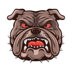 Angry Bulldog face illustration featuring fierce red eyes and a spiked collar, for logos, mascots, or edgy graphics.
