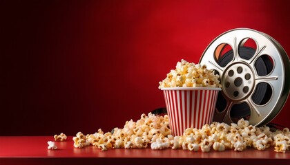 movie tickets and popcorn on red background