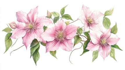 Pink clematis bouquet on a white background watercolor botanical illustration realistically hand drawn