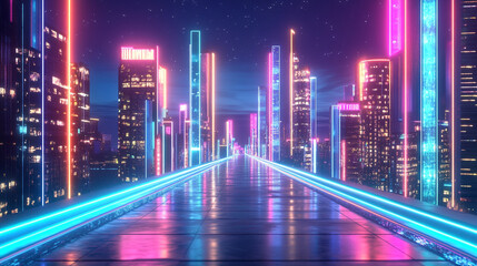 Fototapeta premium Sleek, modern platform with neon lights against a night-time cityscape. 3d rendering.
