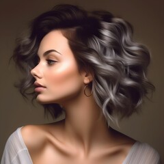 Fototapeta premium Woman with curled silver hair displaying a side profile against a neutral background