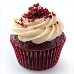 close-up of a red velvet cupcake on a clean white background