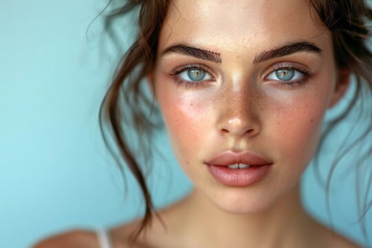 a close-up shot of a woman's perfectly shaped and filled eyebrows, showcasing the results of microblading and microshading with a clean and minimalistic background.