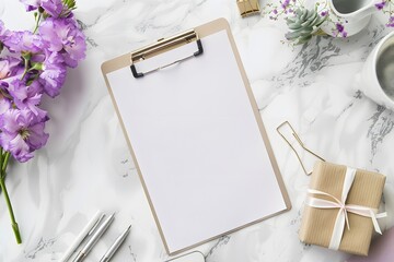 Top view of a stylish office desk featuring a clipboard, purple flowers, and a gift box, creating an elegant and inspiring workspace atmosphere.