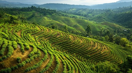 Bird's eye view of a coffee plantation, with terraced fields of coffee plants stretching across hilly terrain.