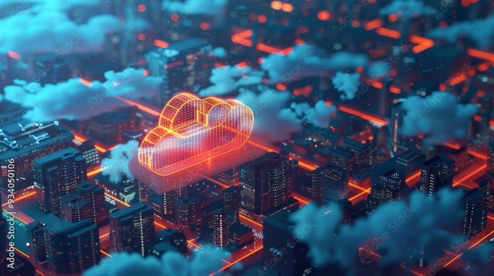 Aufkleber glowing data clouds hover above a lively cityscape, creating a stunning blend of technology and urba