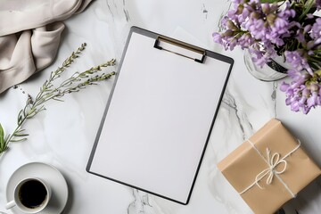 A sophisticated flat lay featuring a clipboard, lavender flowers, a coffee cup, and a wrapped gift on a marble surface, evoking feelings of elegance and calm.