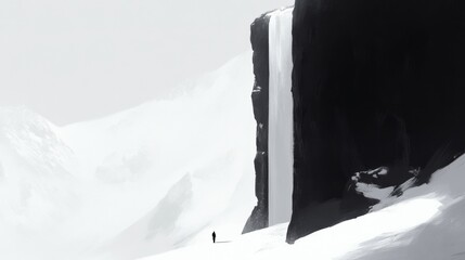 A man stands in front of a waterfall in a snowy landscape