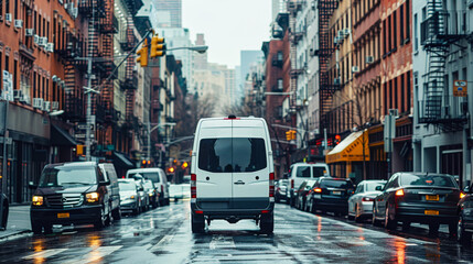 Obraz premium White van on city street in rainy weather