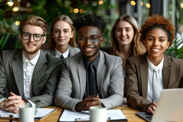 team of diverse professionals in business attire collaborating in a modern office setting, symbolizing global structure and relationship management in HR and recruitment.