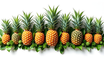 Pineapple in Different Color Stages Displaying Ripeness on White Background