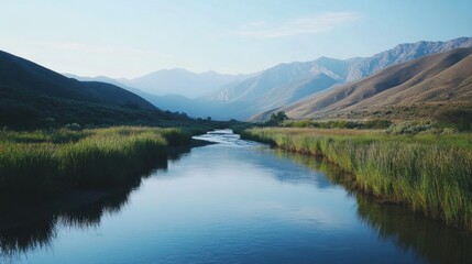 Fototapeta premium Serene River Flowing Through Mountain Valley