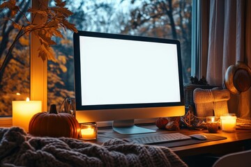 Desktop computer with blank white screen on a cozy autumn-themed desk with candles