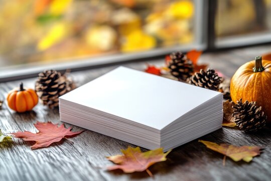 Stack of blank business cards on a wooden table with autumn decorations