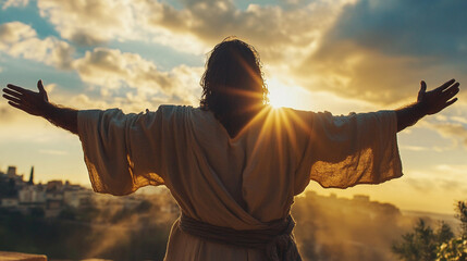 jesues with arms outstretched looking over world 