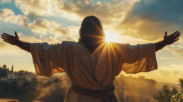 jesues with arms outstretched looking over world 