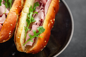 ham sandwich meat spam green leaves fresh meal food snack on the table copy space food background rustic top view