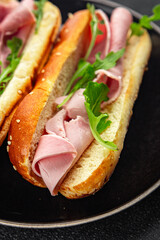 ham sandwich meat spam green leaves fresh meal food snack on the table copy space food background rustic top view