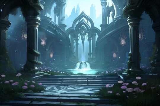 Serene Fantasy Architecture: Ruined Temple with Fountain and Flowers