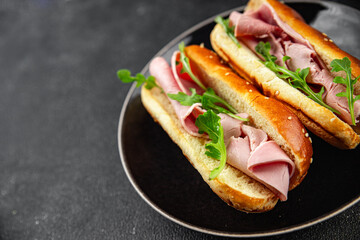 ham sandwich meat spam green leaves fresh meal food snack on the table copy space food background rustic top view