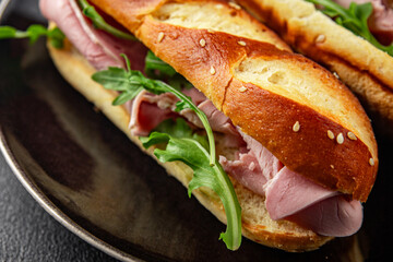 ham sandwich meat spam green leaves fresh meal food snack on the table copy space food background rustic top view