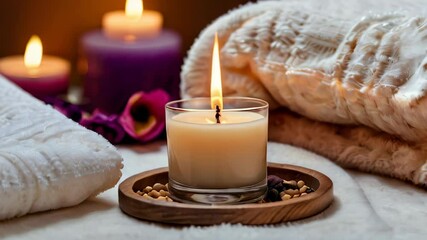 Spa accessories installed in a day spa hotel, health and beauty center. Spa products - towels, candles, aroma oils are placed in a luxury spa salon ready for massage, spa treatments