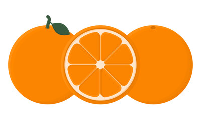 Fresh Delicious Orange Fruit Vector. Whole and Cut Orange Fruit. Orange Fruit with Green Leaves.