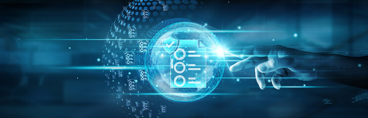 Compliance. Hand touching global network connection and ensuring regulatory compliance across...