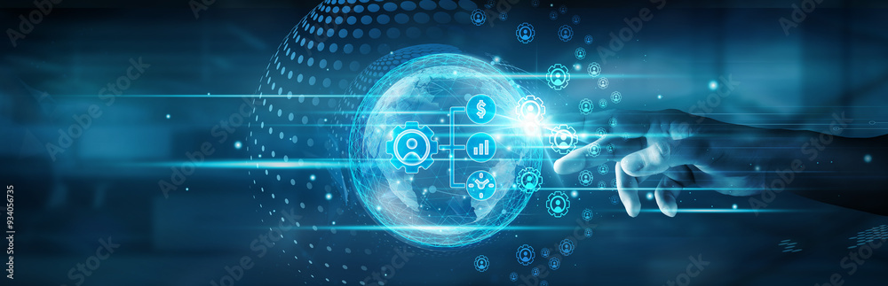 Poster erp (enterprise resource planning). hand touching global network connection, integrating seamless bu