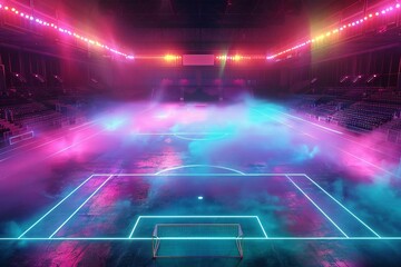 Aerial view of a futuristic soccer game field with neon fog enveloping the center midfield area - 3D Illustration.
